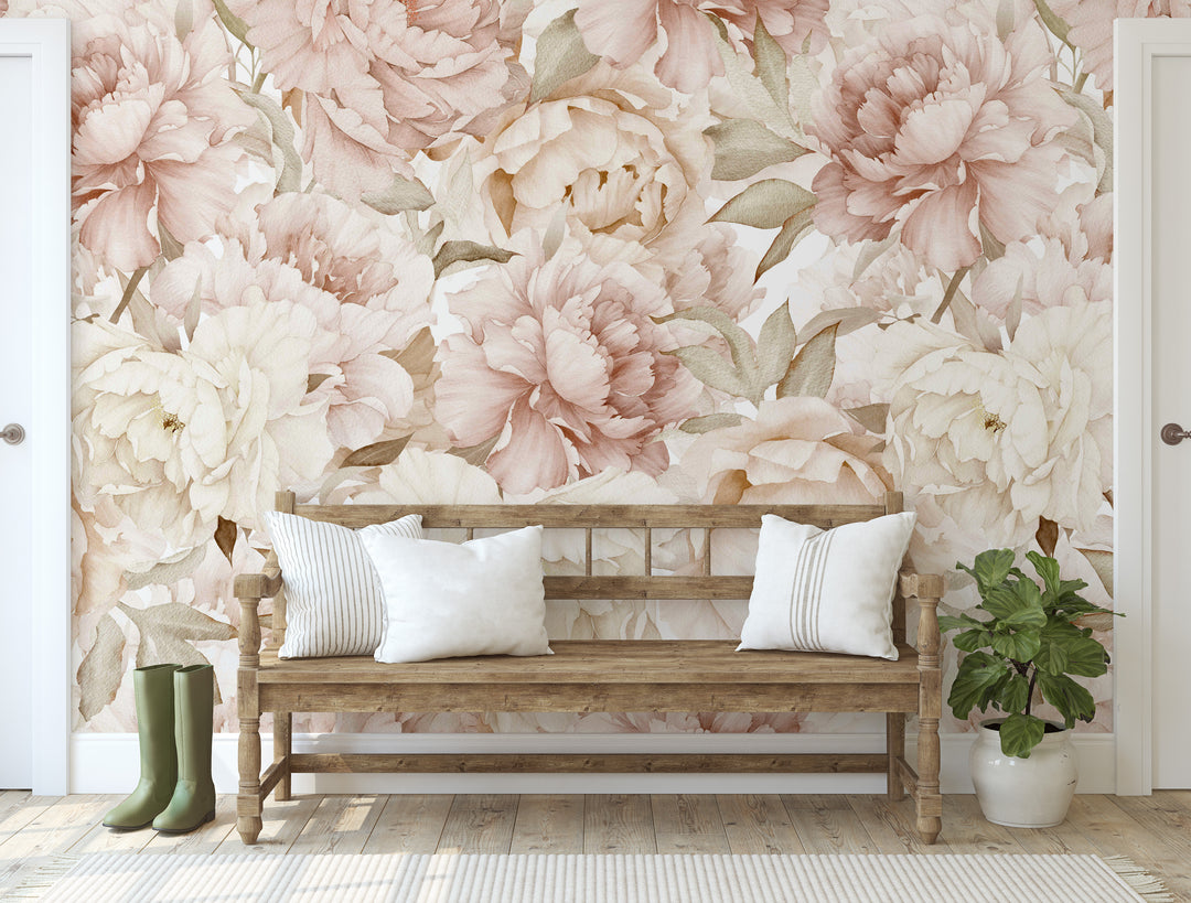 Boho Blush Watercolor Peony Bouquet Mural | Large Scale Floral Girl Nursery Wallpaper