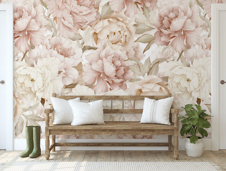 Boho Blush Watercolor Peony Bouquet Mural | Large Scale Floral Girl Nursery Wallpaper
