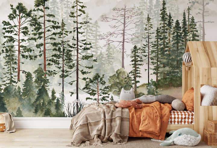 Foggy Pine Tree Forest Mural