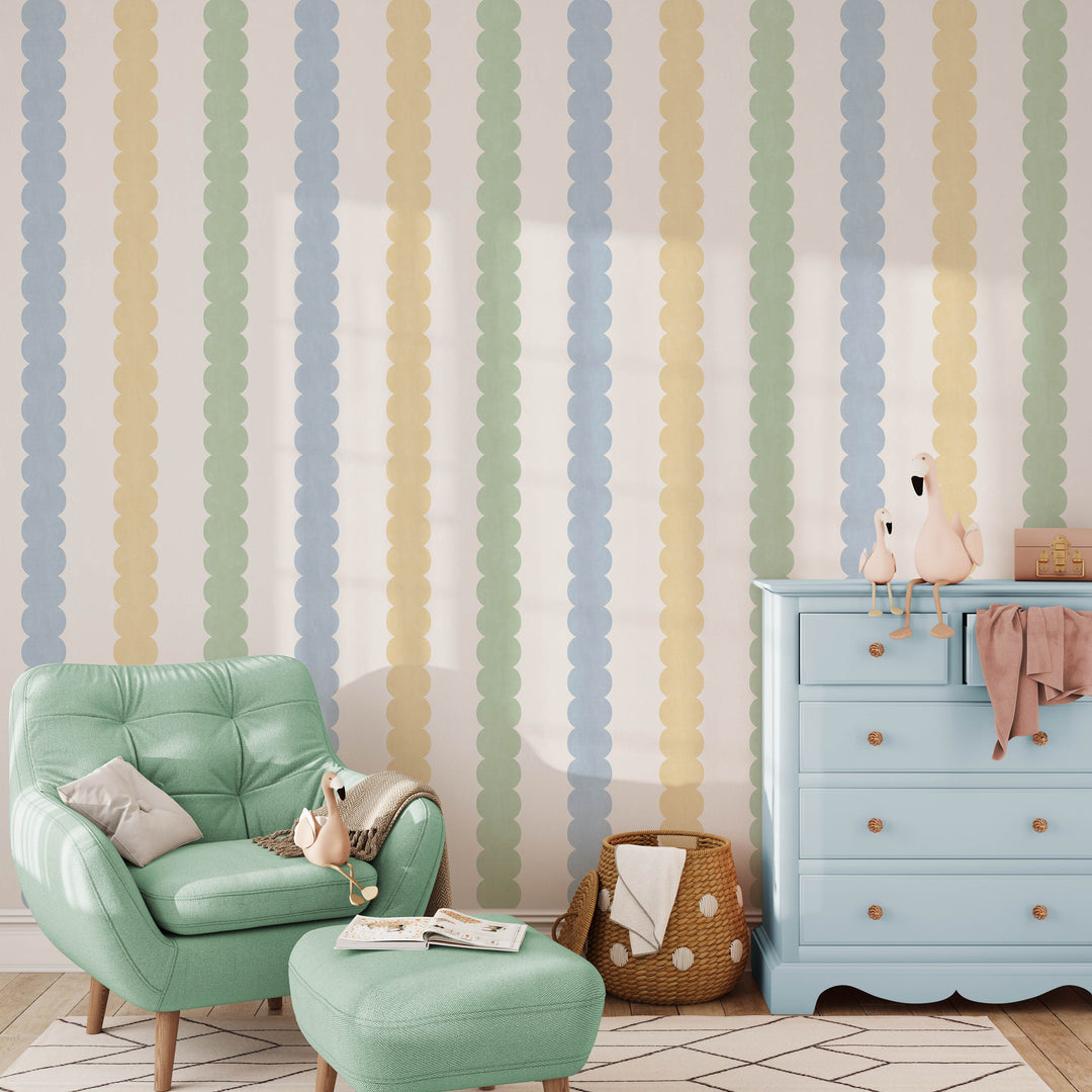 Pebble Column Stripe Wallpaper - Blue, Yellow, Green on Cream