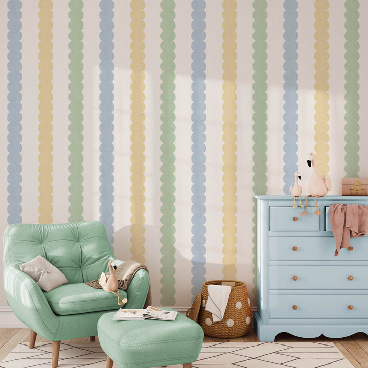 Pebble Column Stripe Wallpaper - Blue, Yellow, Green on Cream