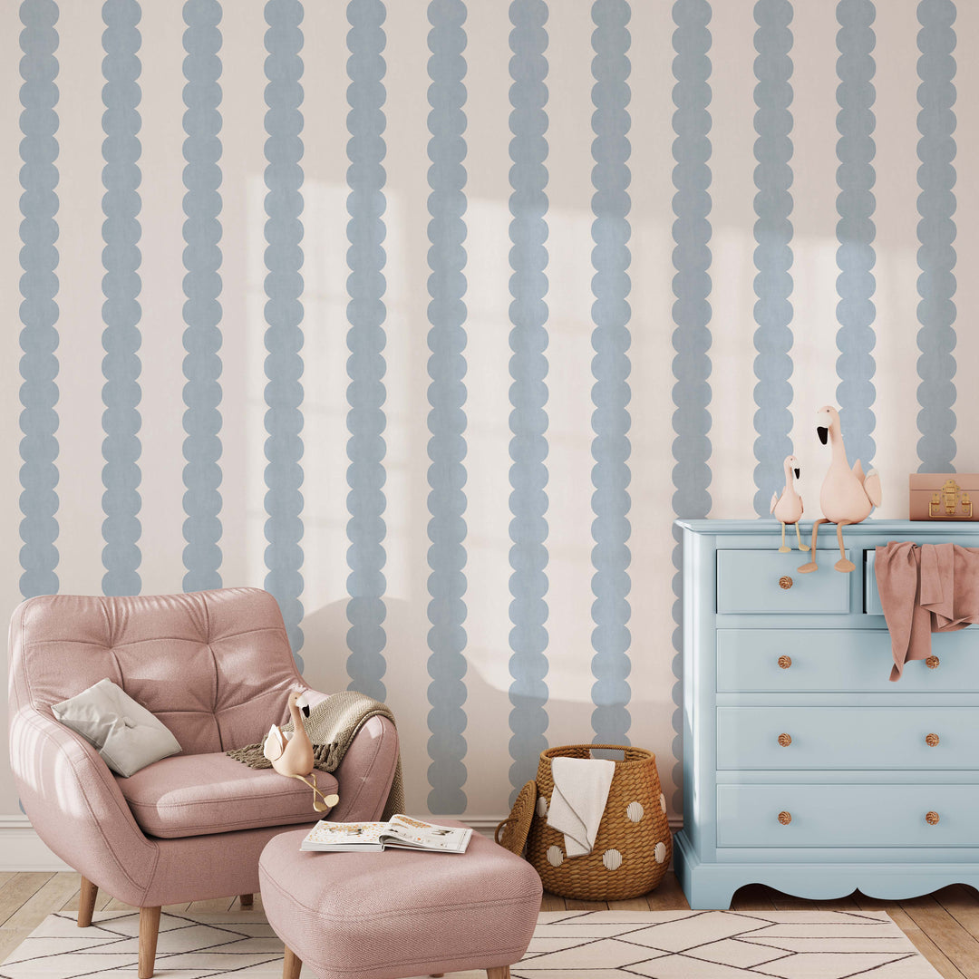 Pebble Column Stripe Wallpaper - Romantic Blue and Cream