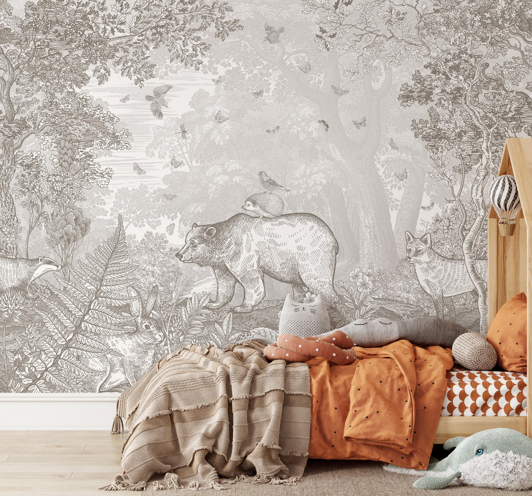 Bear and Friends Forest Mural in Taupe