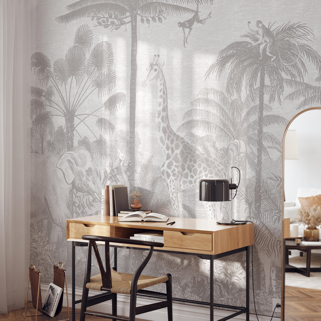 Safari Jungle Mural Wallpaper in Neutral Gray