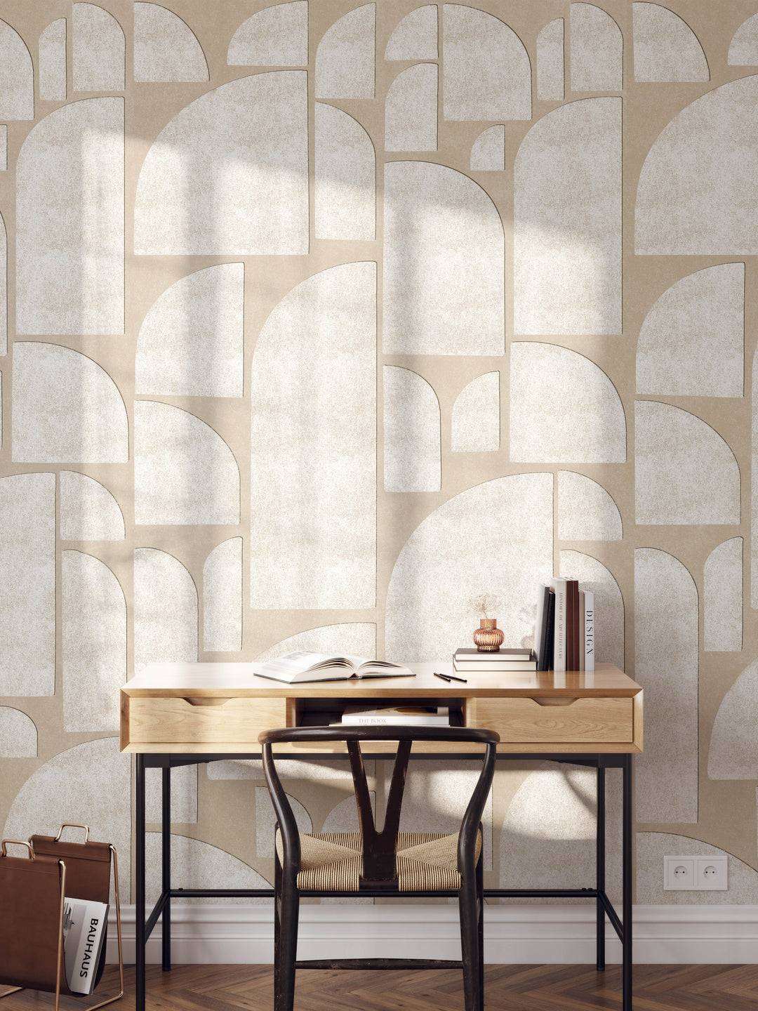 Abstract Geometric Semi Arch Shapes Mural in Neutral and White