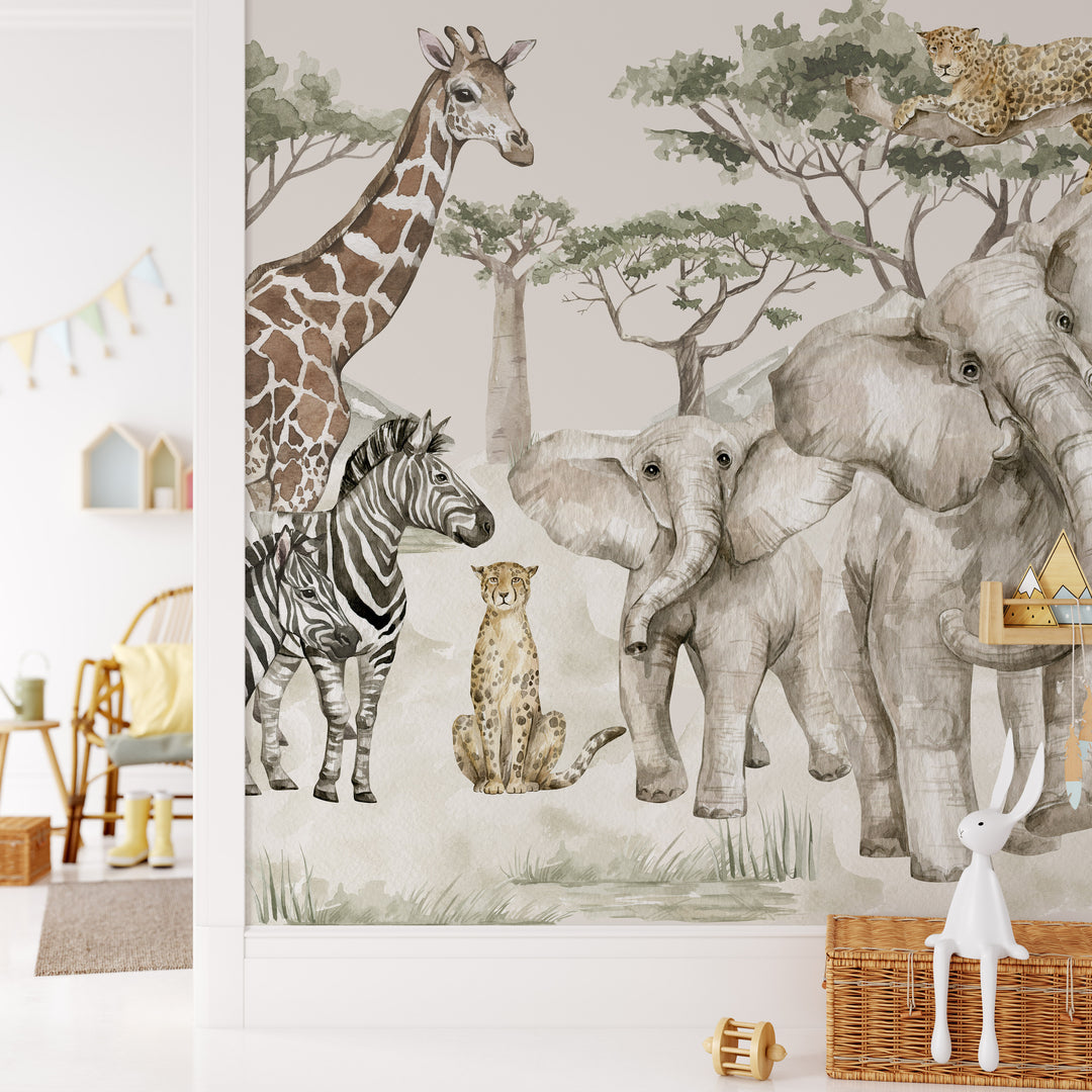 Neutral Safari Storybook Wallpaper Mural