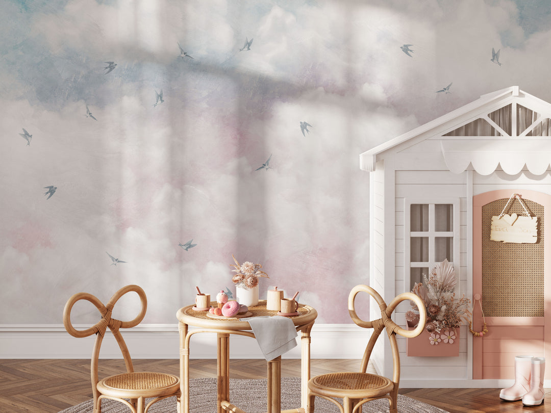 Antique Sunset Sky With Swallows