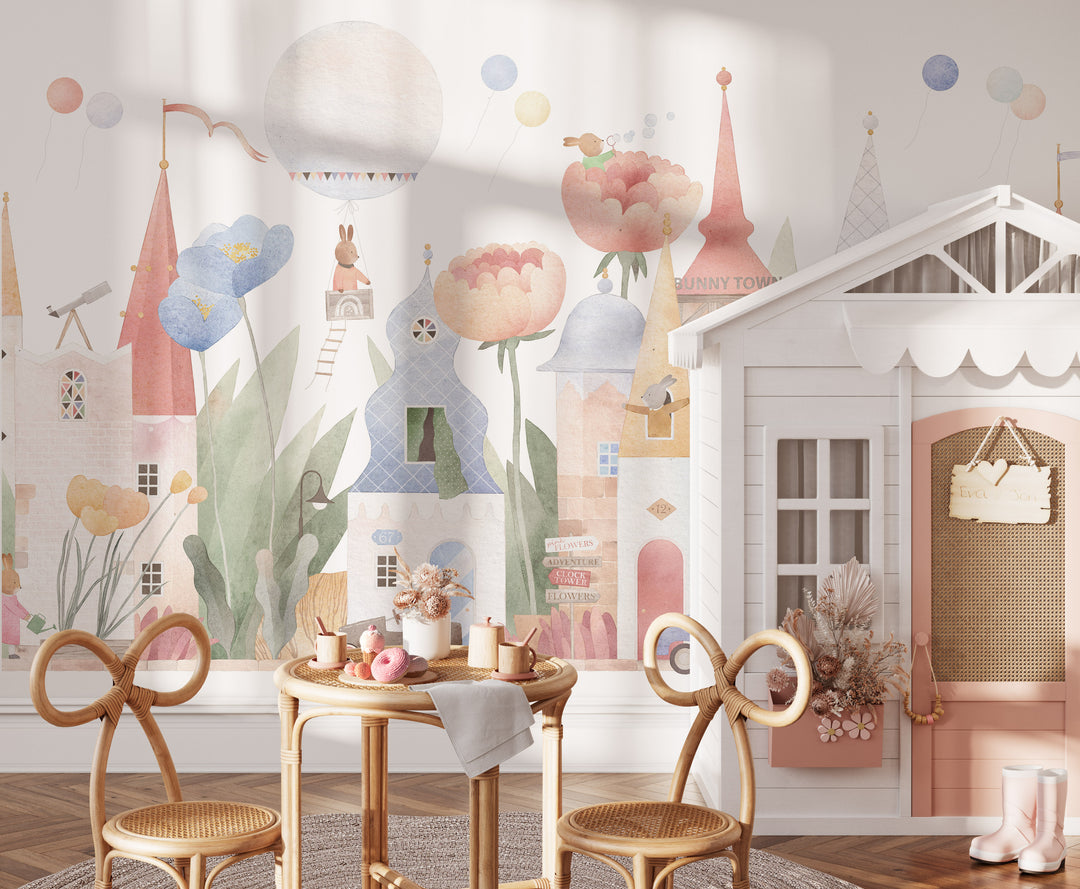 Fantasy Animal Town with Flowers Mural Wallpaper