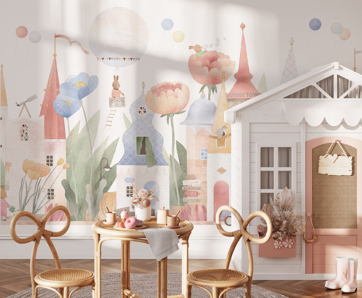 Fantasy Animal Town with Flowers Mural Wallpaper