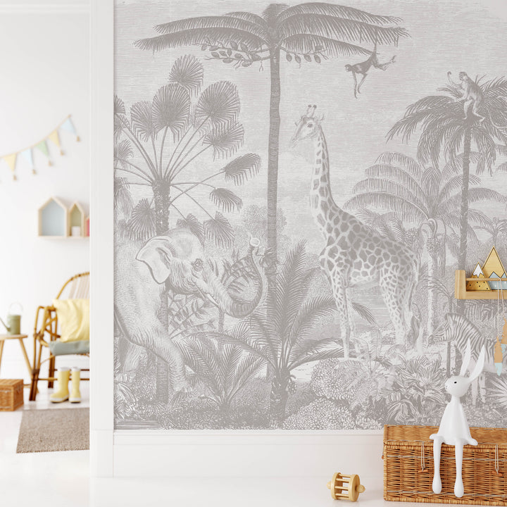 Safari Jungle Mural Wallpaper in Neutral Gray