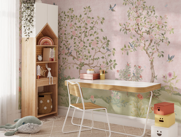 Mural Le Tariche Chinoiserie en neutro y rosa