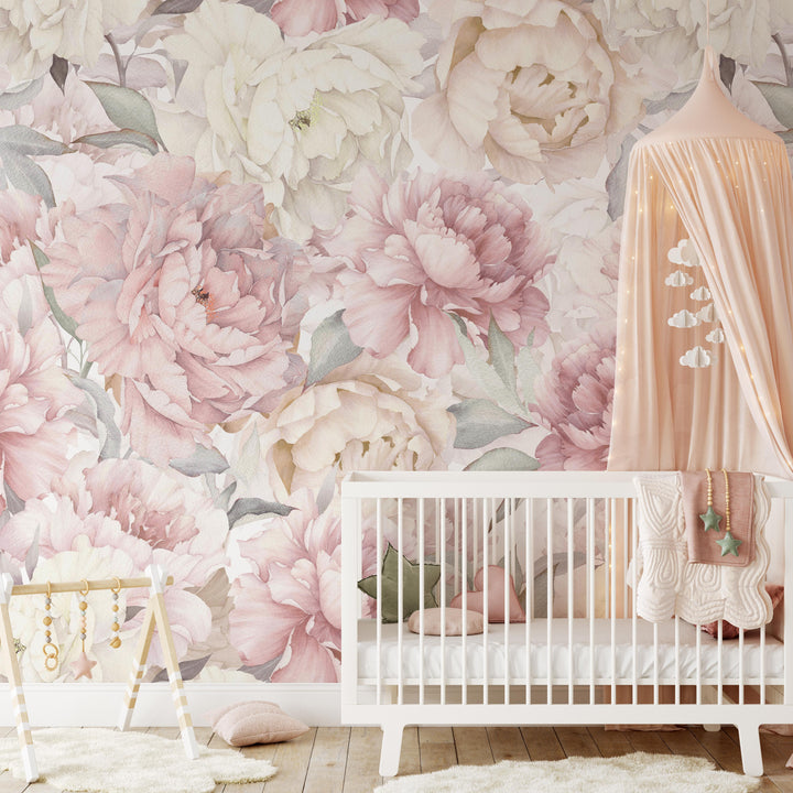 Muted Blush Watercolor Peony Garden Mural | Large Scale Floral Girl Nursery Wallpaper