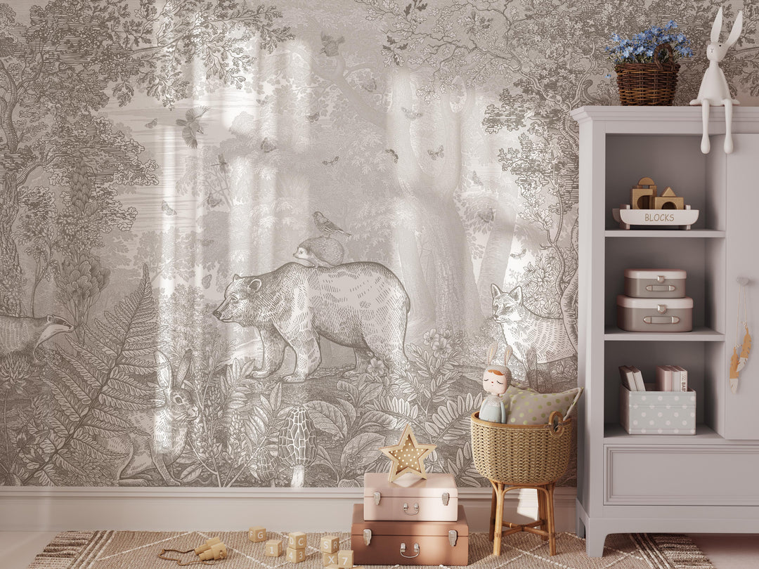 Bear and Friends Forest Mural in Taupe