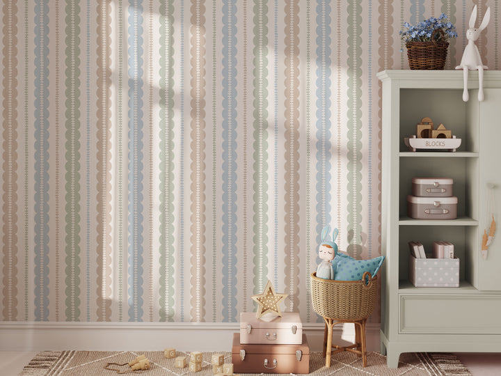 Pebble Column Stripe and Ribbon Wallpaper - Nude, Blue, Sage on Cream