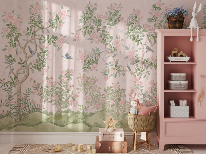 Mural Le Tariche Chinoiserie en neutro y rosa