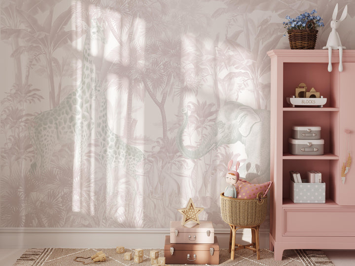 Antique African Jungle Mural Wallpaper in Pink