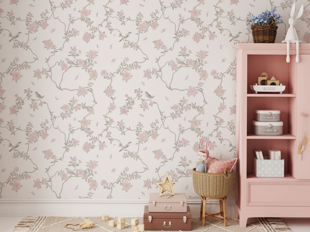 Mural Le Tariche Chinoiserie en neutro y rosa