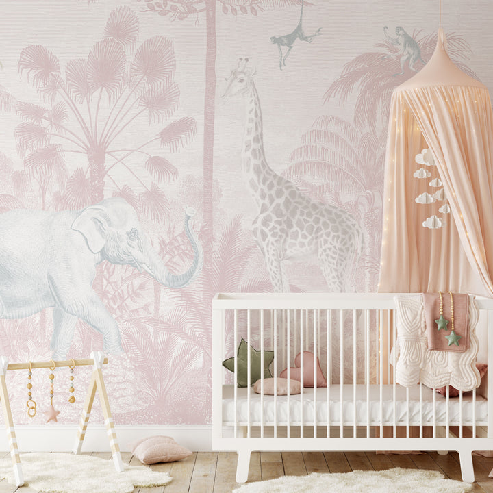 Safari Jungle Mural Wallpaper in Pink