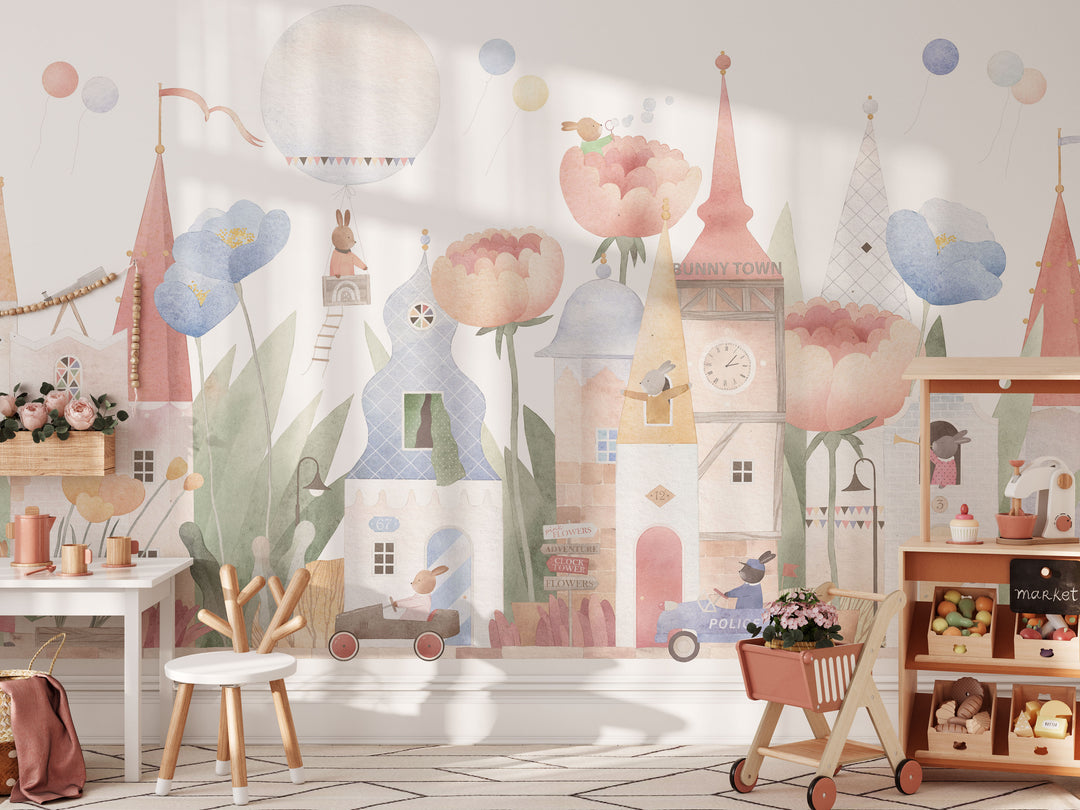 Fantasy Animal Town with Flowers Mural Wallpaper
