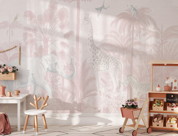 Safari Jungle Mural Wallpaper in Pink