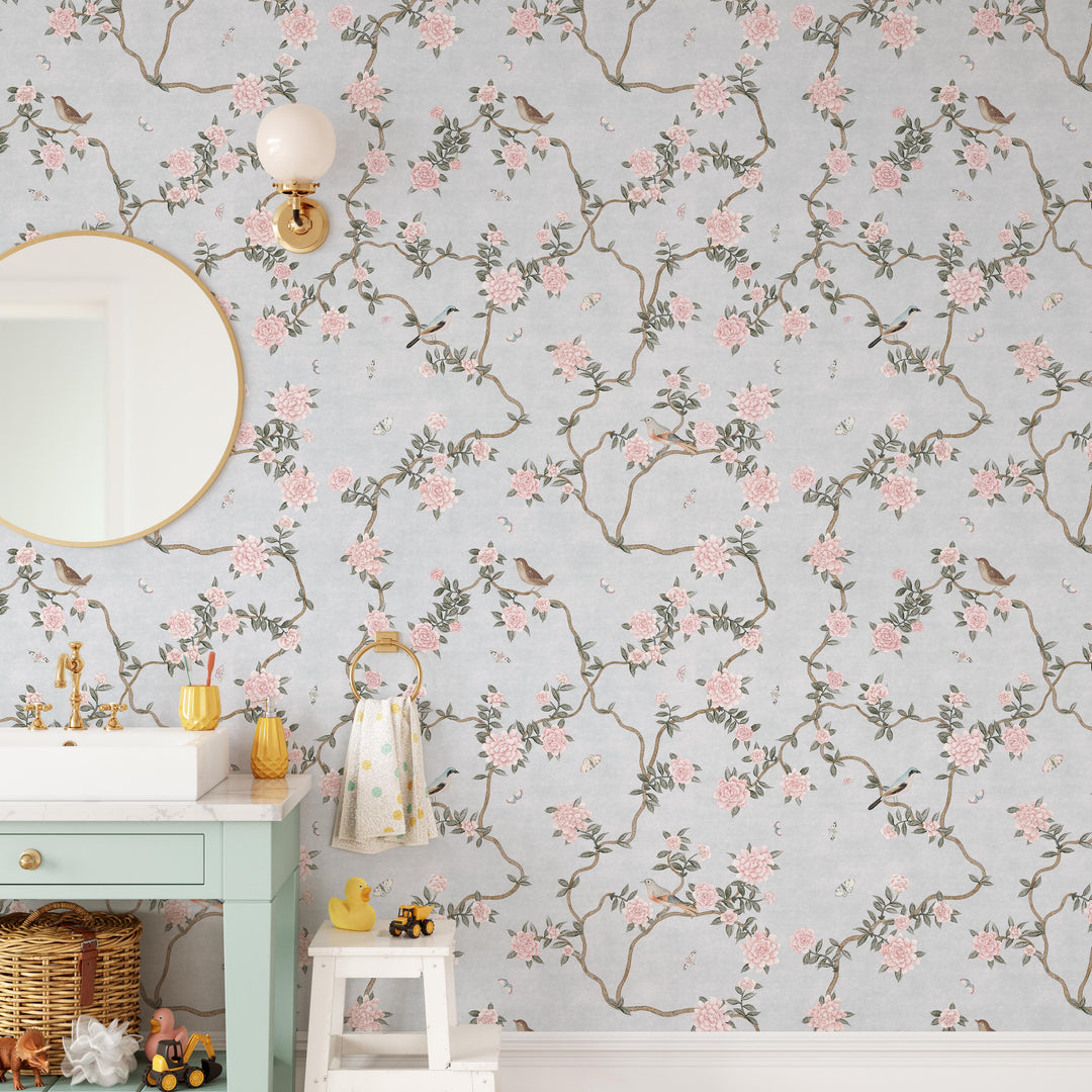 Mural Le Tariche Chinoiserie en neutro y rosa