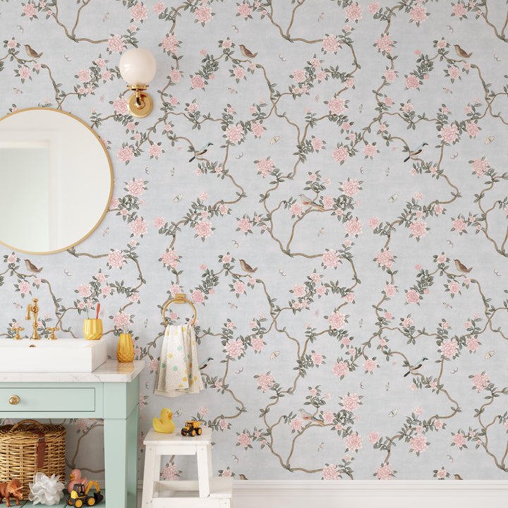 Mural Le Tariche Chinoiserie en neutro y rosa