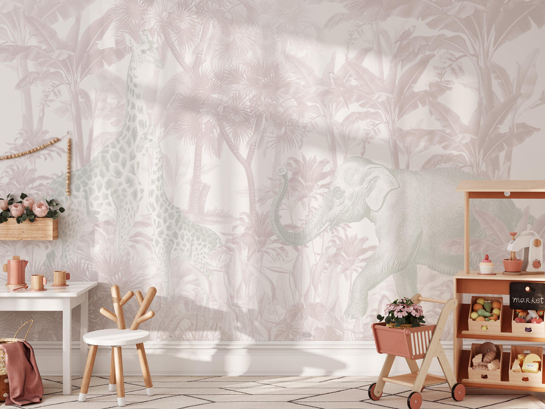 Antique African Jungle Mural Wallpaper in Pink