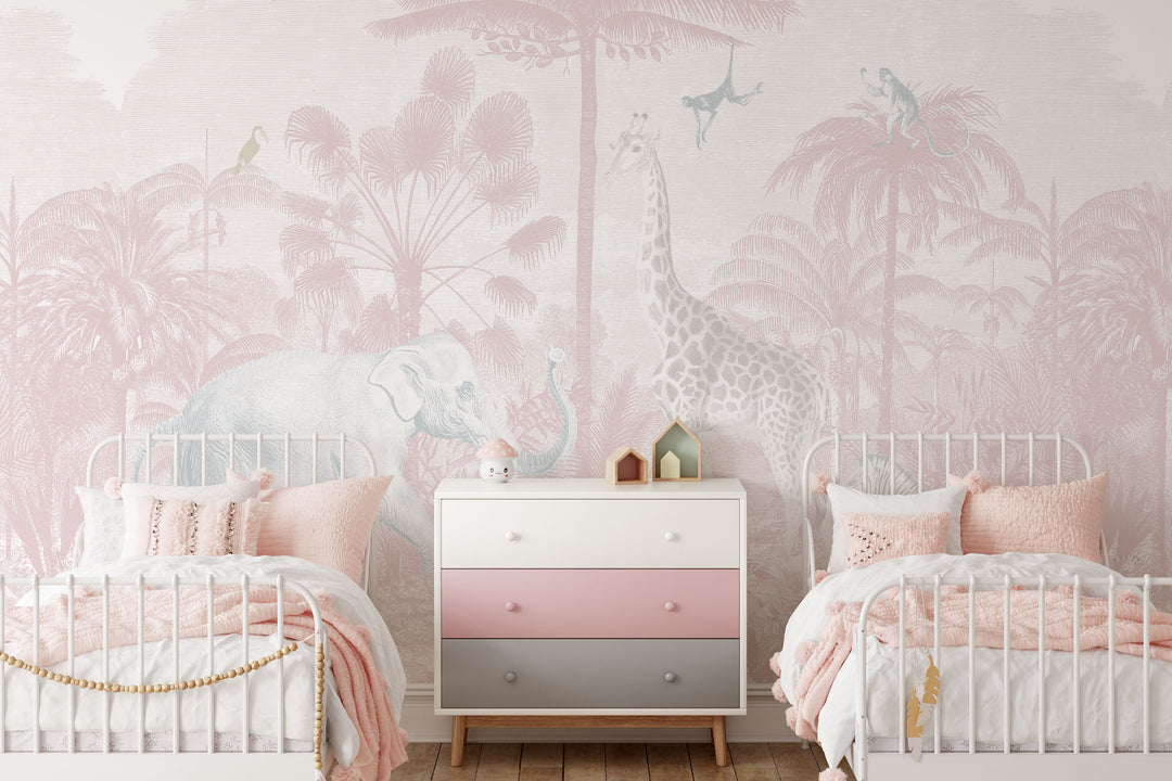 Safari Jungle Mural Wallpaper in Pink