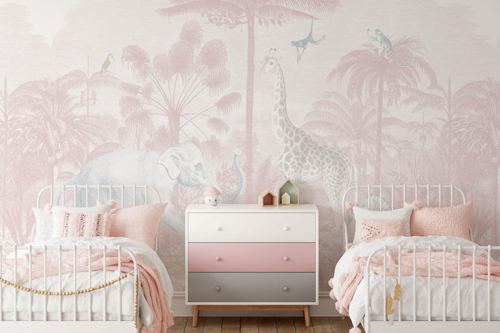 Safari Jungle Mural Wallpaper in Pink