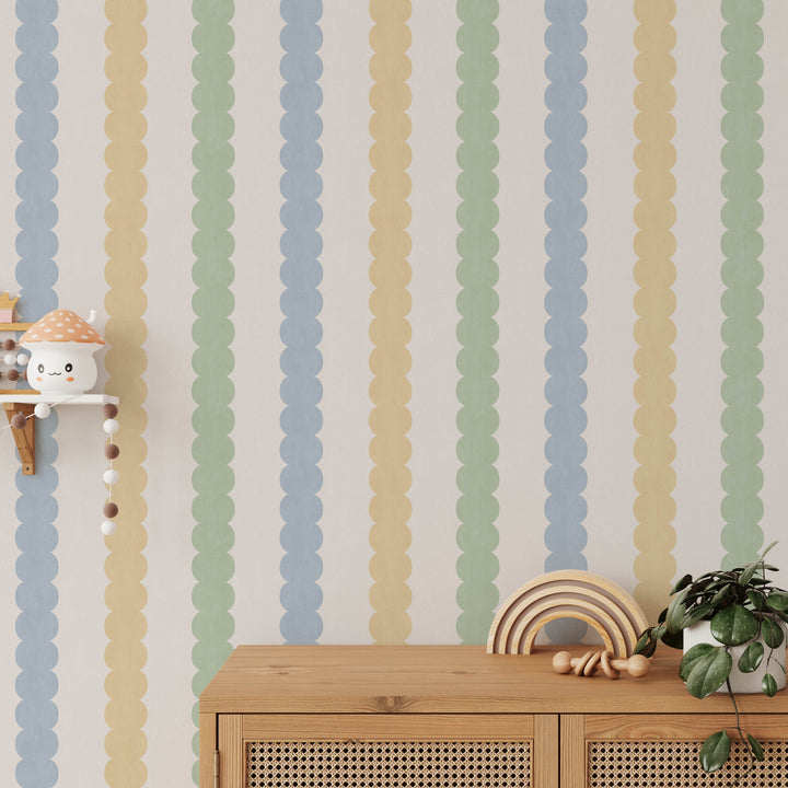 Pebble Column Stripe Wallpaper - Blue, Yellow, Green on Cream