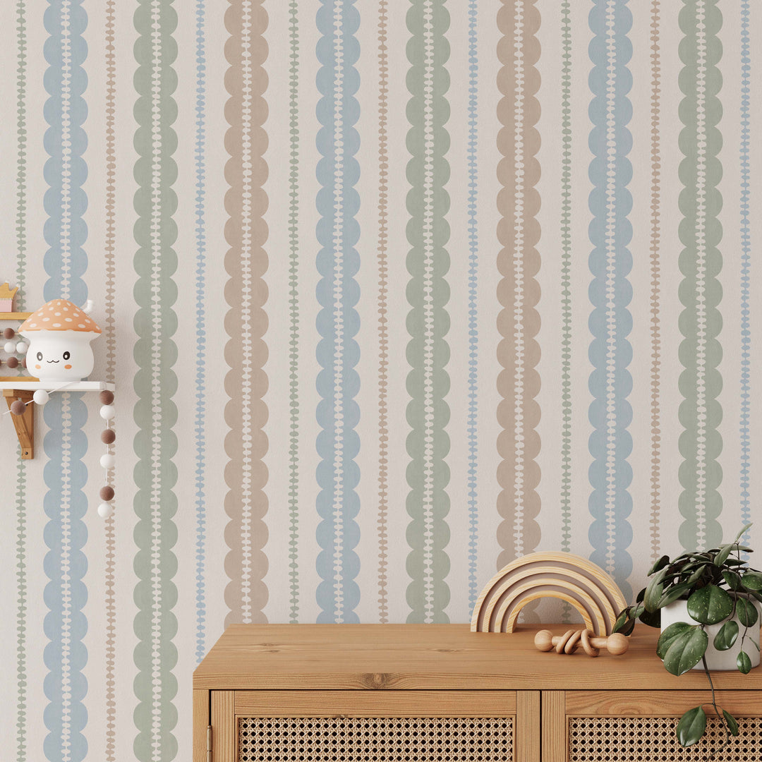 Pebble Column Stripe and Ribbon Wallpaper - Nude, Blue, Sage on Cream