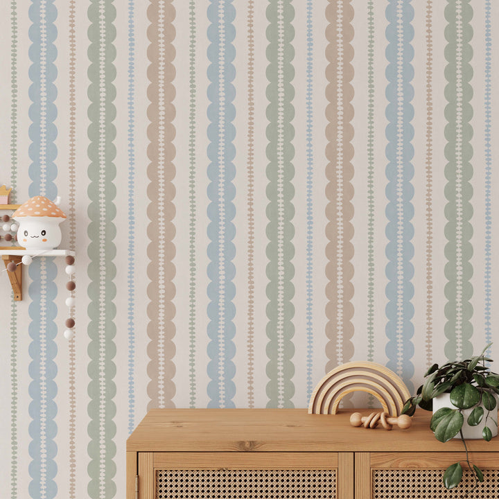 Pebble Column Stripe and Ribbon Wallpaper - Nude, Blue, Sage on Cream