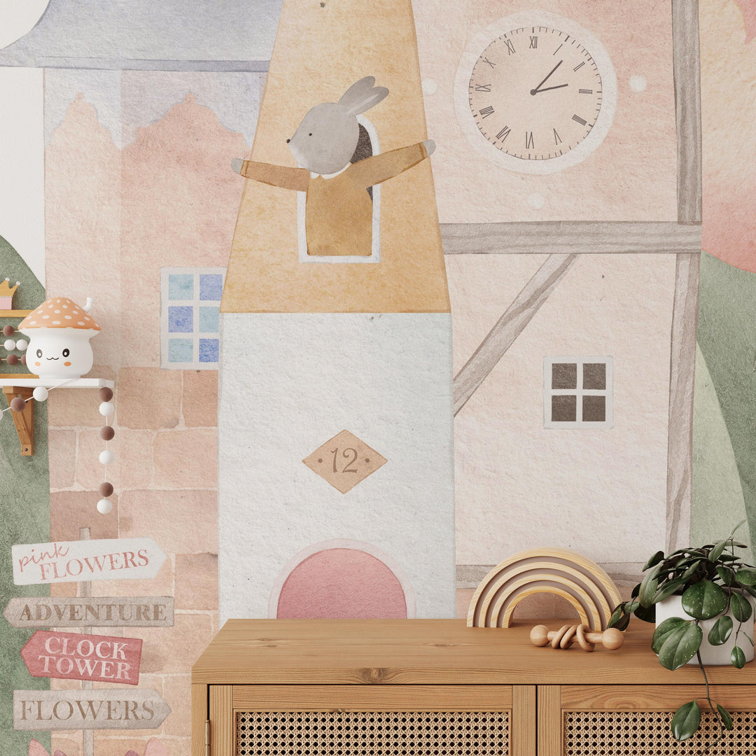 Fantasy Animal Town with Flowers Mural Wallpaper