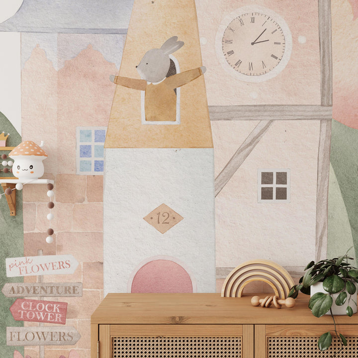 Fantasy Animal Town with Flowers Mural Wallpaper