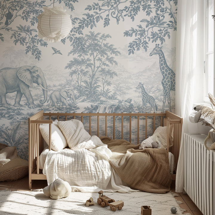 Vintage Toile Safari Wallpaper Mural in Antique Blue