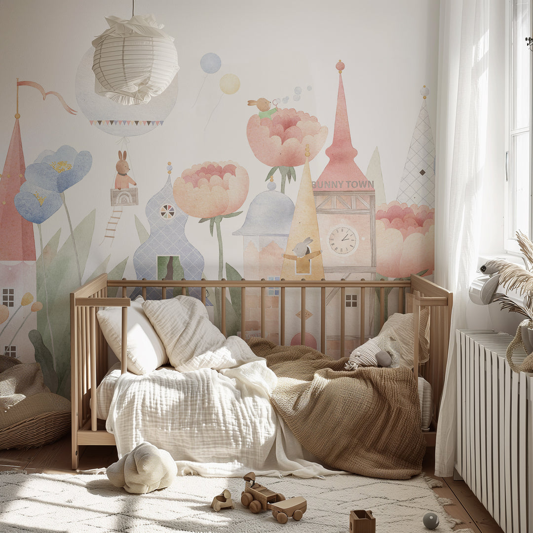 Fantasy Animal Town with Flowers Mural Wallpaper