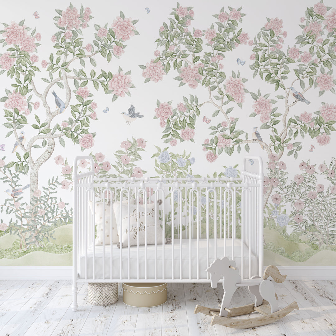 Mural Le Tariche Chinoiserie en neutro y rosa