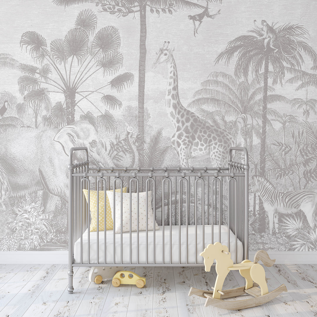 Safari Jungle Mural Wallpaper in Neutral Gray