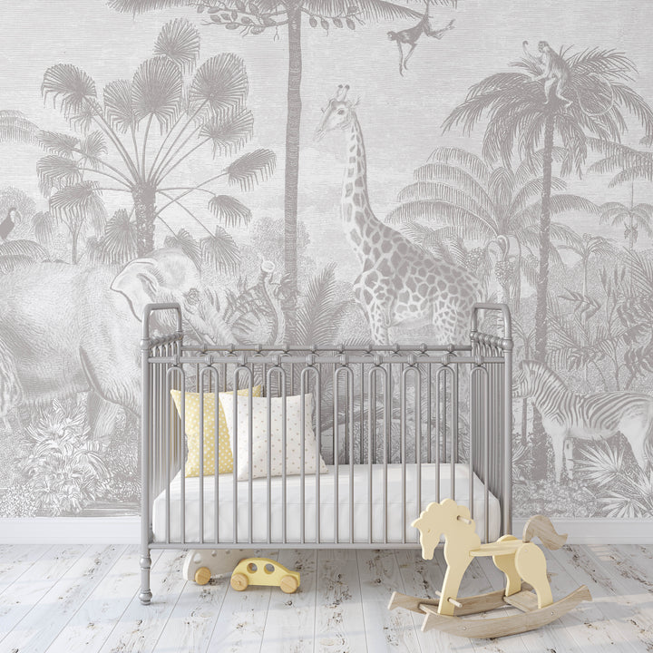 Safari Jungle Mural Wallpaper in Neutral Gray