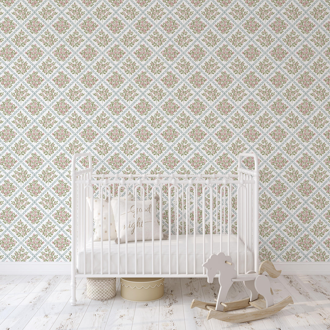 Rose Trellis Cottage Botanical Wallpaper