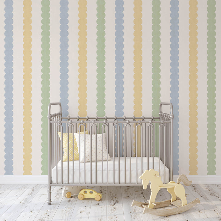 Pebble Column Stripe Wallpaper - Blue, Yellow, Green on Cream