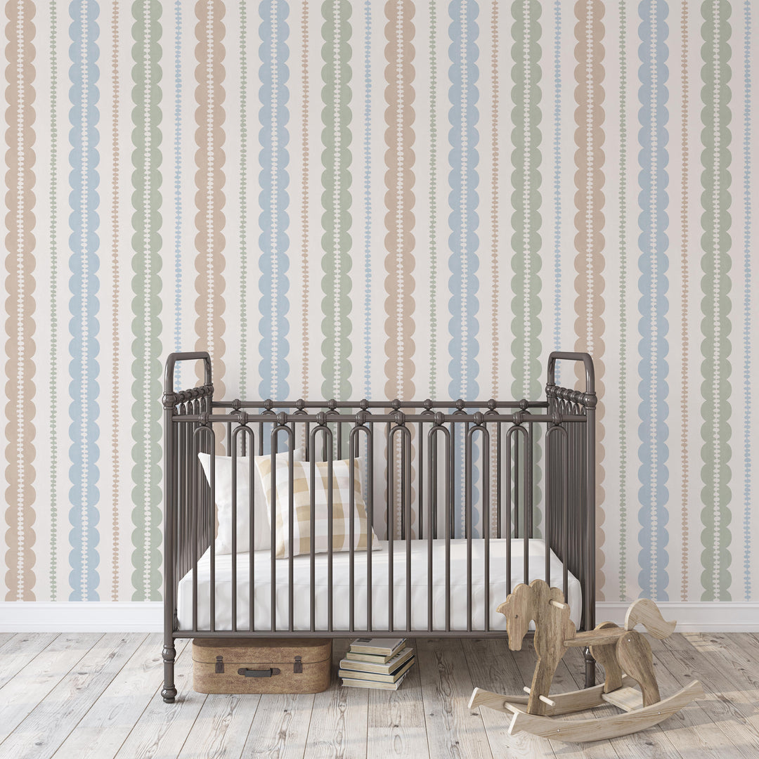 Pebble Column Stripe and Ribbon Wallpaper - Nude, Blue, Sage on Cream