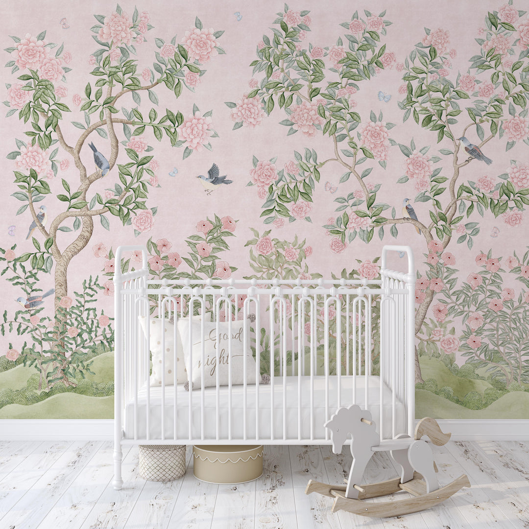 Mural Le Tariche Chinoiserie en neutro y rosa