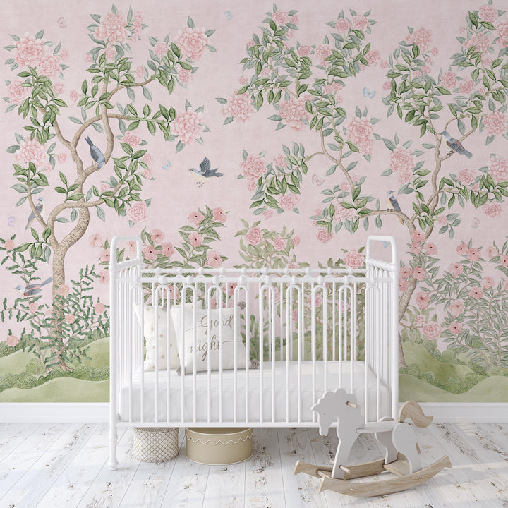Mural Le Tariche Chinoiserie en neutro y rosa