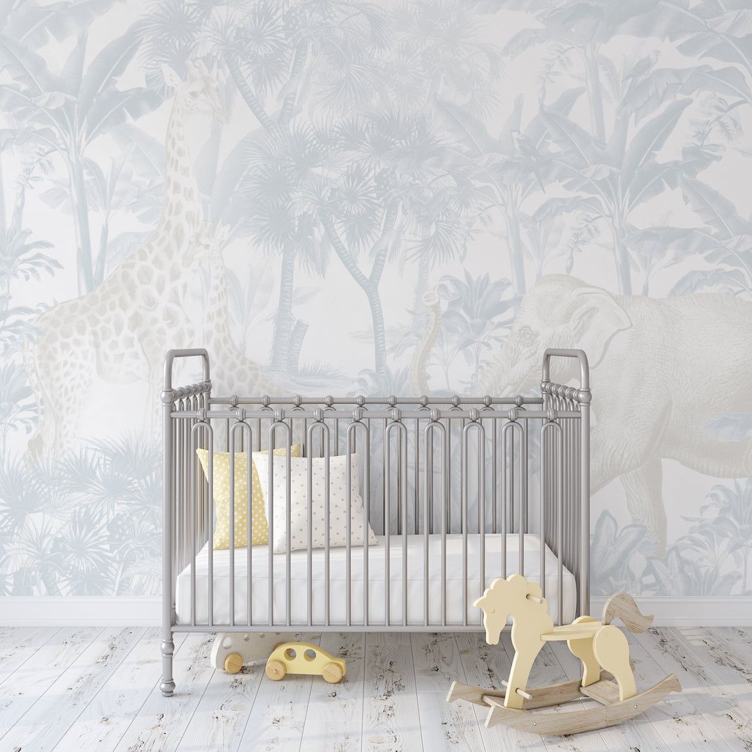 Antique African Jungle Mural in Light Blue and Cream