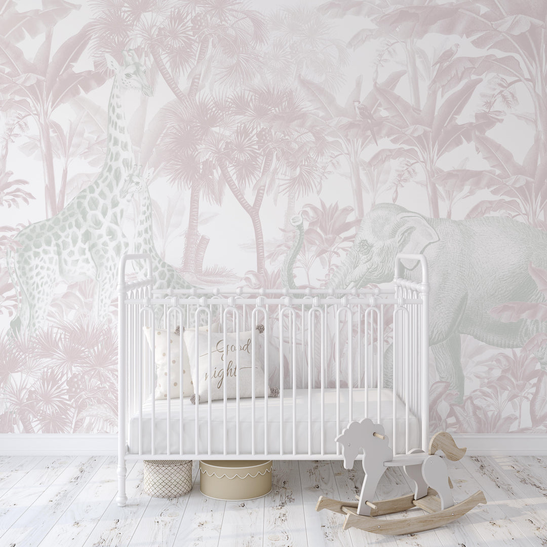 Antique African Jungle Mural Wallpaper in Pink