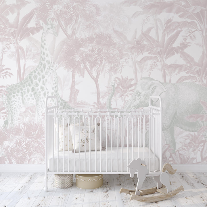 Antique African Jungle Mural Wallpaper in Pink
