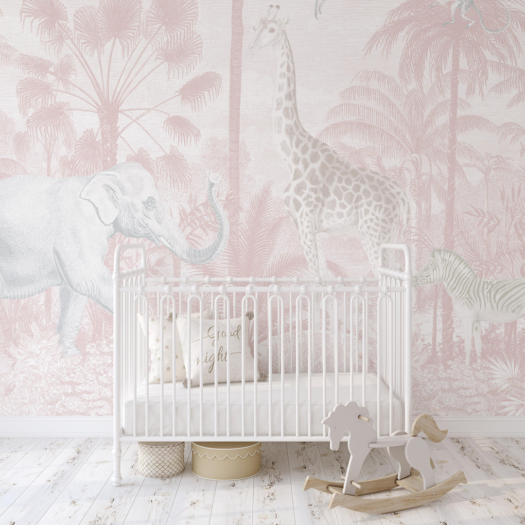 Safari Jungle Mural Wallpaper in Pink