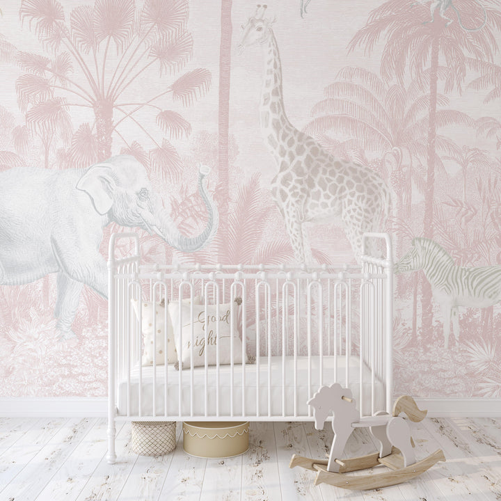Safari Jungle Mural Wallpaper in Pink