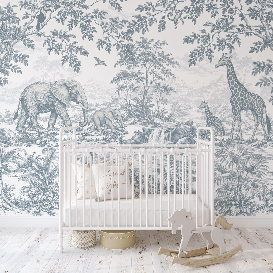 Vintage Toile Safari Wallpaper Mural in Antique Blue